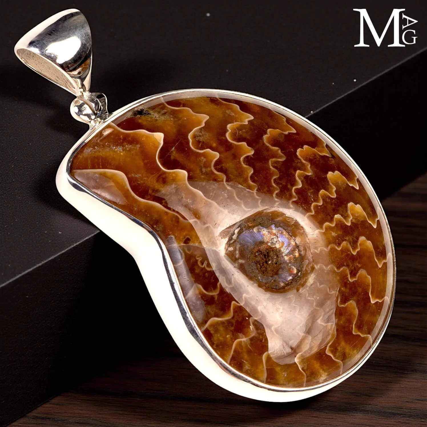 Ciondolo in argento con Ammonite fossile – Sezione con suture Dendritiche.