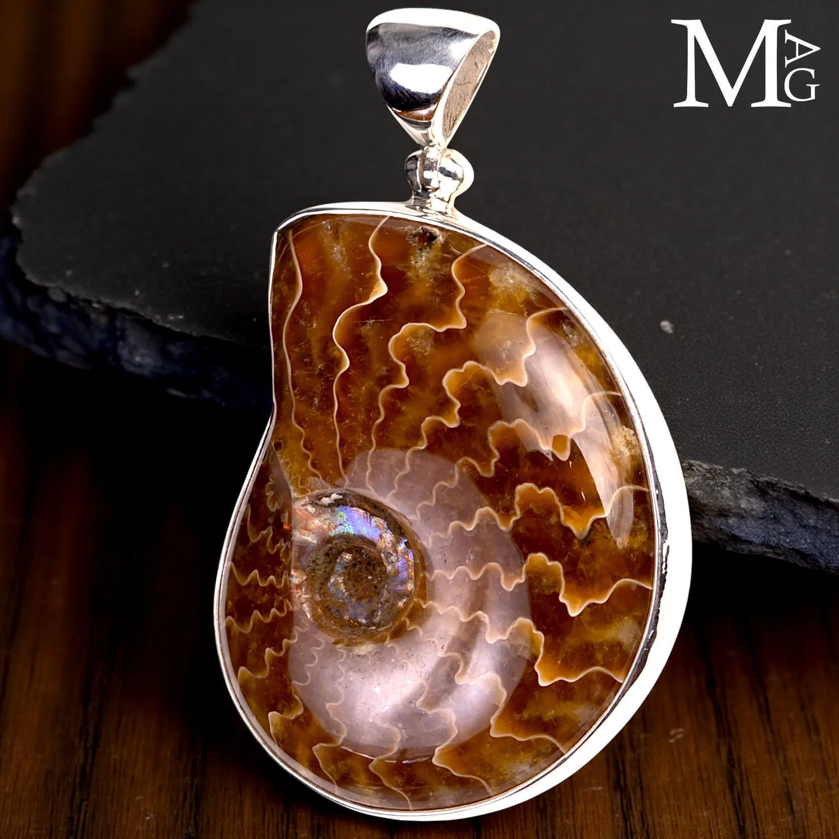 Ciondolo in argento con Ammonite fossile – Sezione con suture Dendritiche.