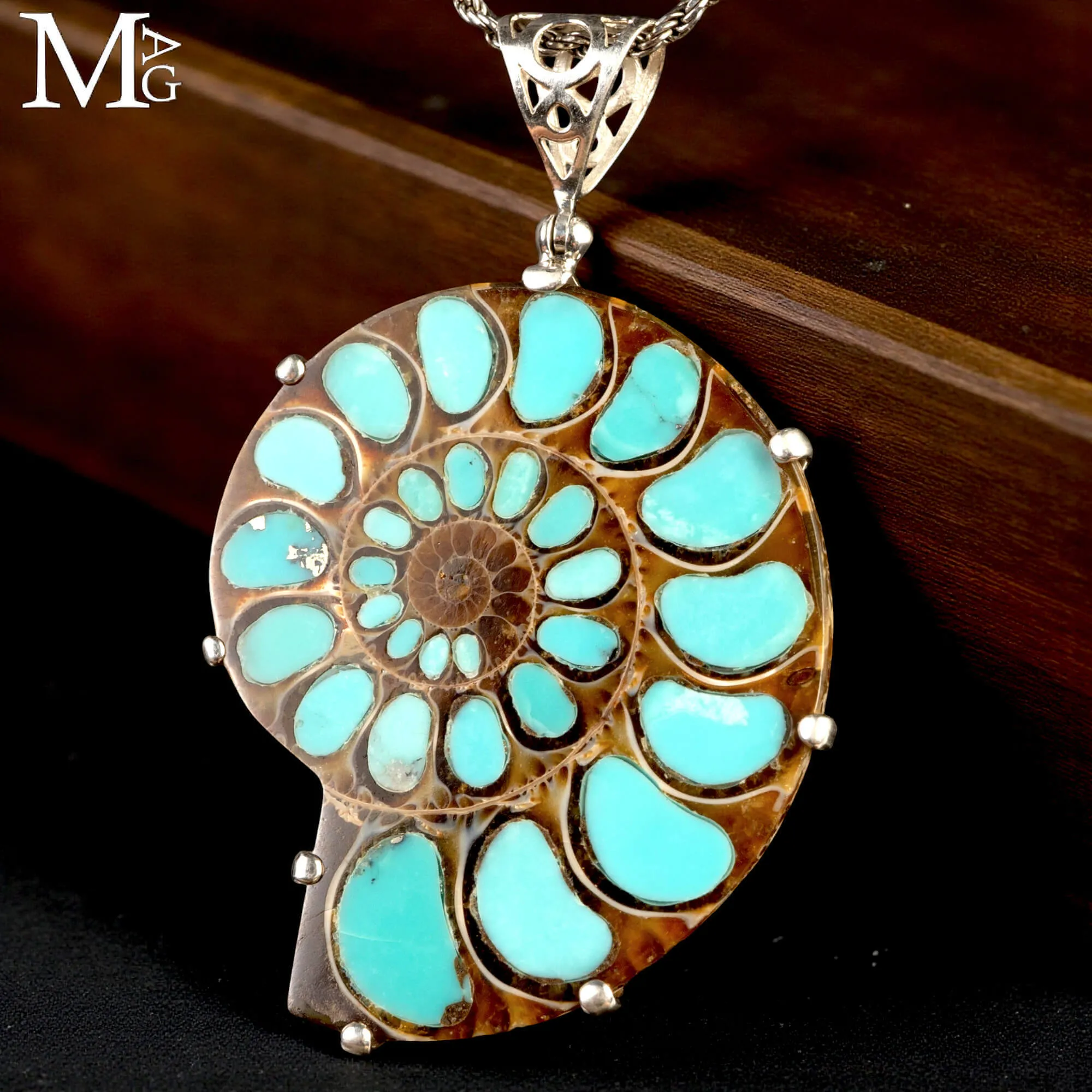 Ciondolo in argento con Ammonite e Turchese naturale