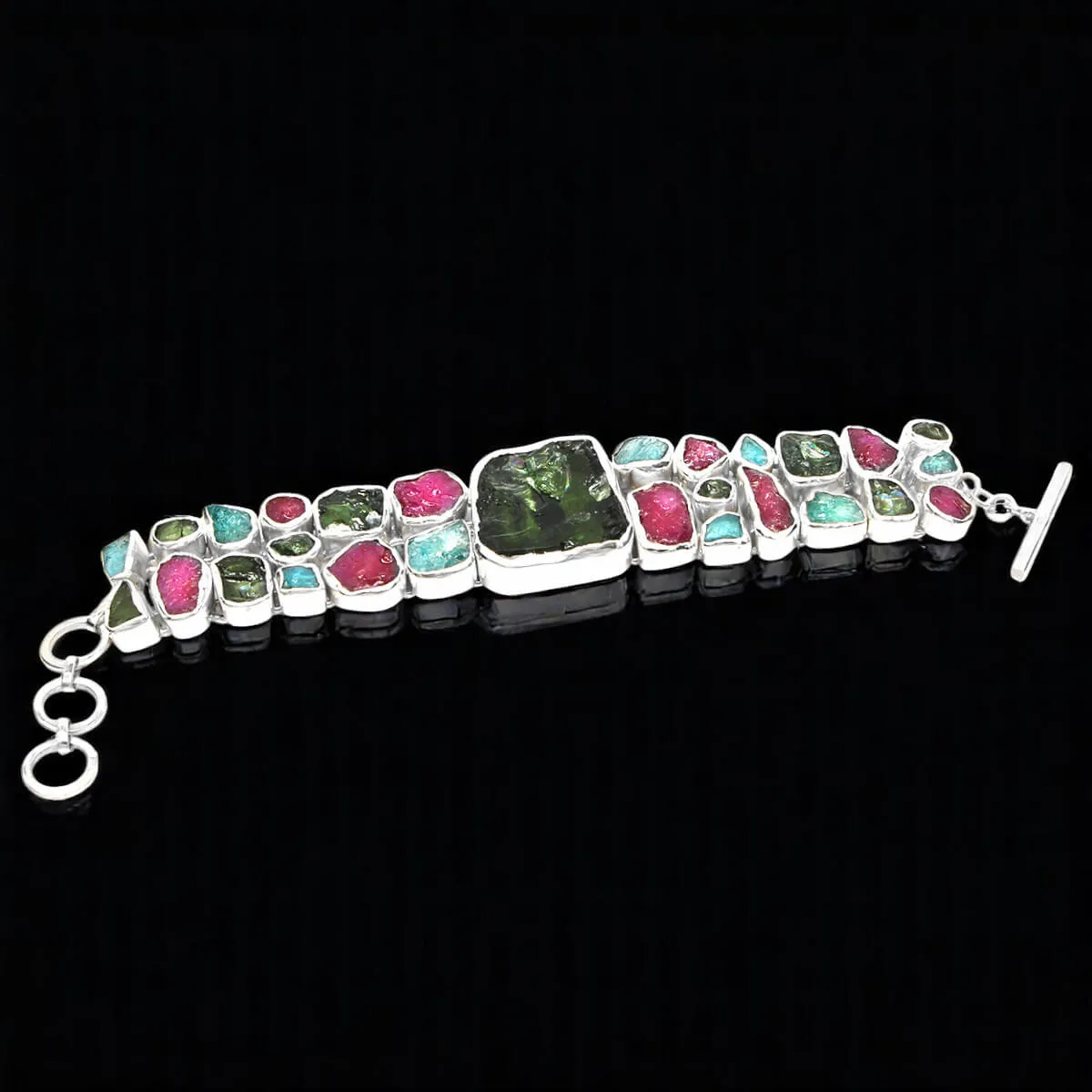 Bracciale in Argento con Quarzo Verde, Apatite Blu e Rubino.