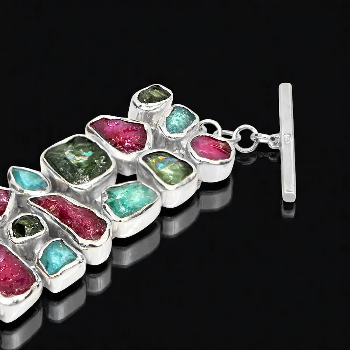Bracciale in Argento con Quarzo Verde, Apatite Blu e Rubino.