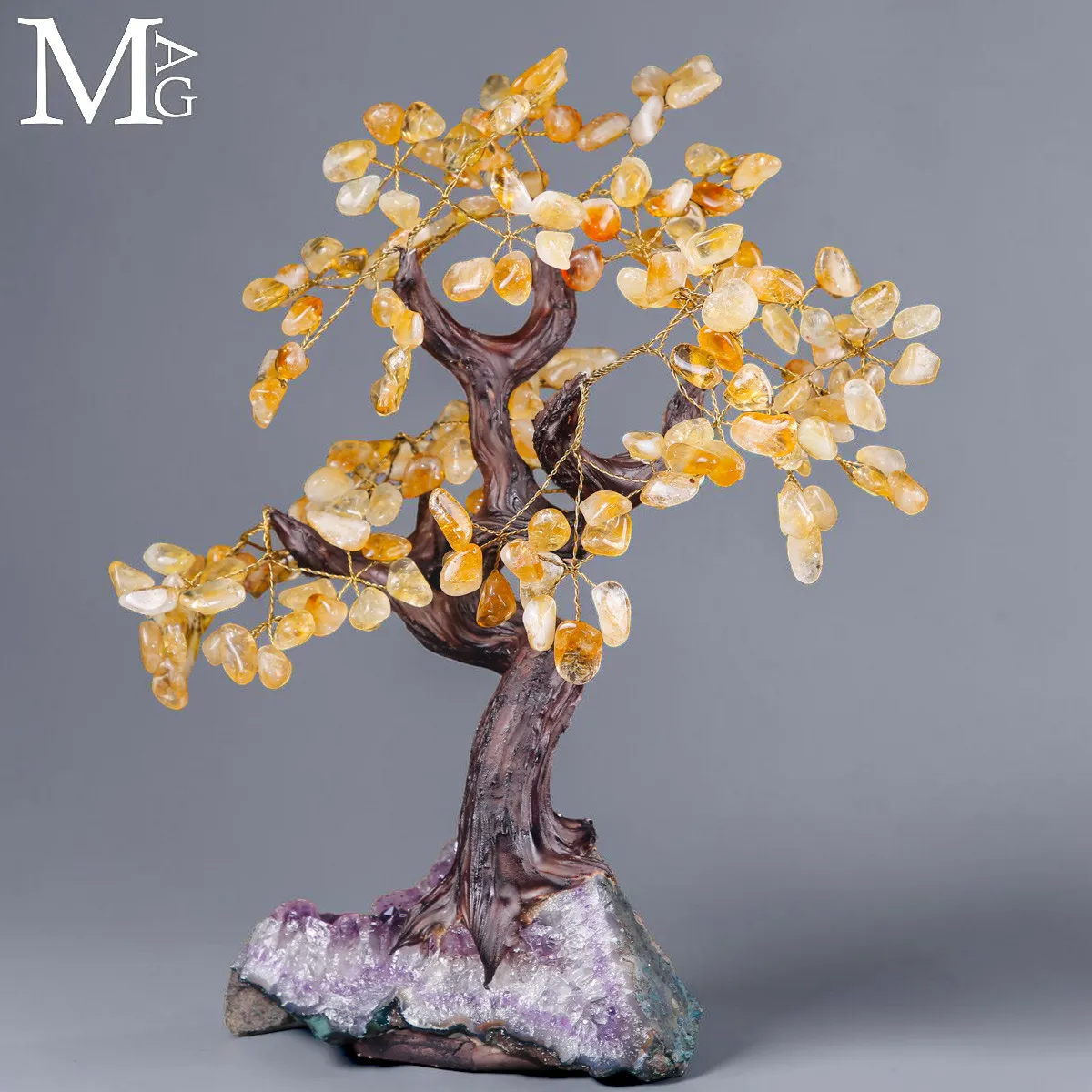 Albero Bonsai in Quarzo Citrino su Drusa di Ametista – Scultura d’Arredo Naturale