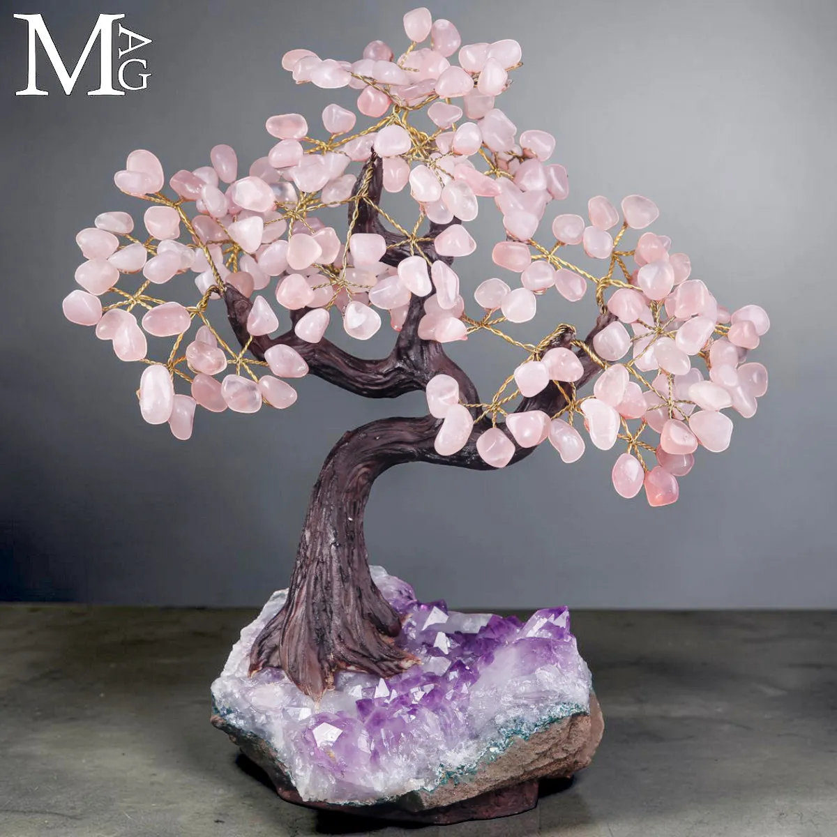 Albero Bonsai in Quarzo Rosa su Drusa di Ametista – Carattere Introspettivo