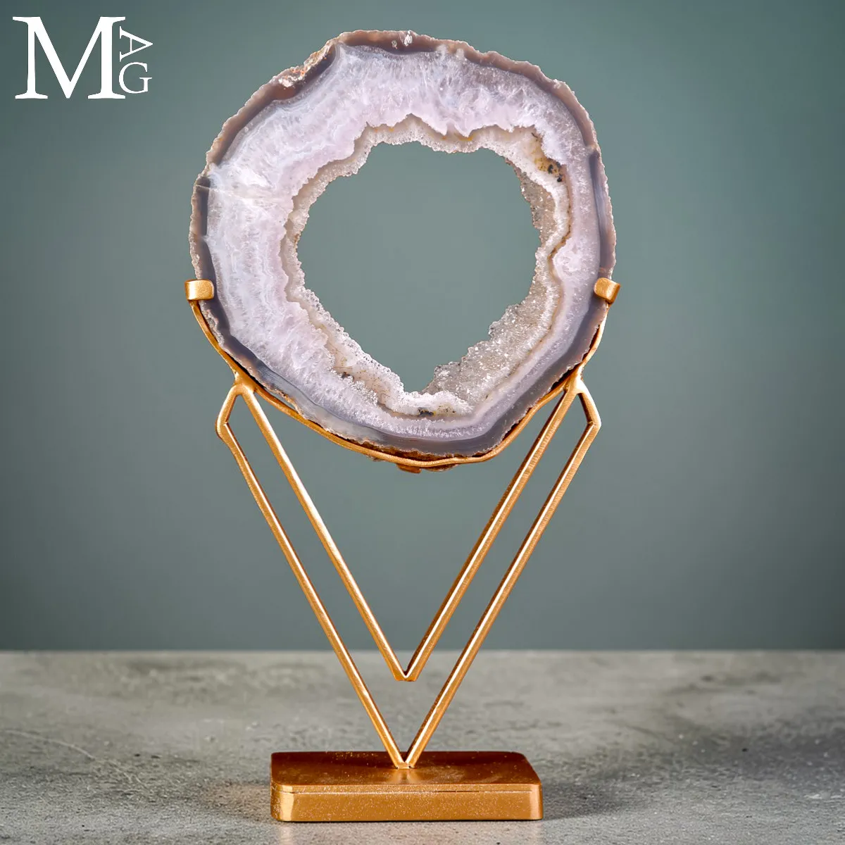 Geode di Agata Naturale con Drusa di Quarzo su Base in Ferro Decorativa