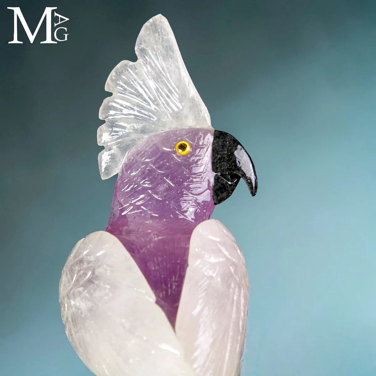 Pappagallo Cacatua in Ametista e Quarzo su Drusa di Citrino.