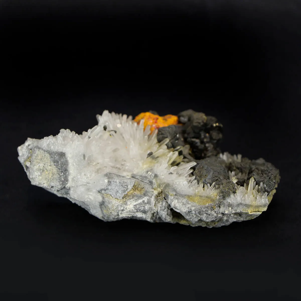 Orpimento su Realgar su matrice di Quarzo e Galena