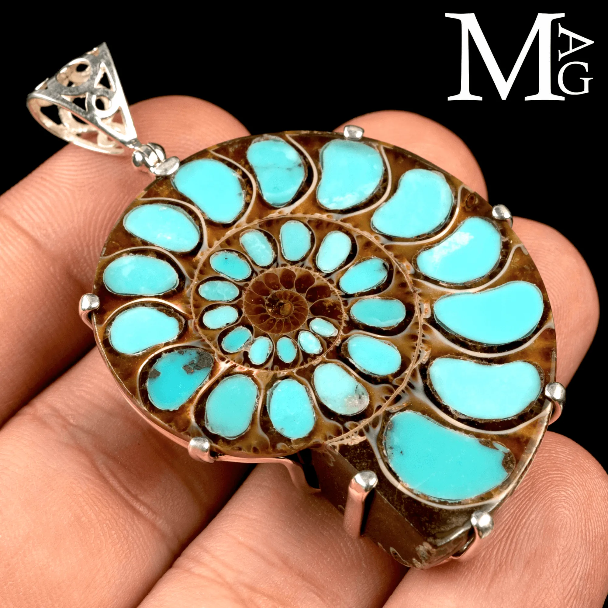 Ciondolo in argento con Ammonite e Turchese naturale